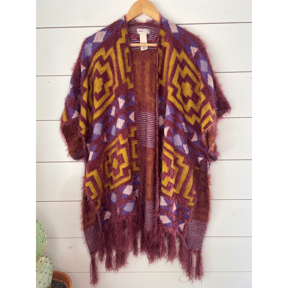 Free People Fuzzy Knit Southwestern Fringe Cardigan Wrap Burgundy OS boho